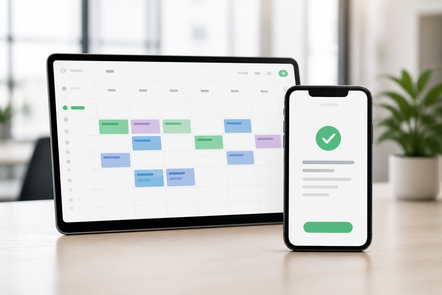 Illustrative scheduling interface shown on a tablet and mobile phone