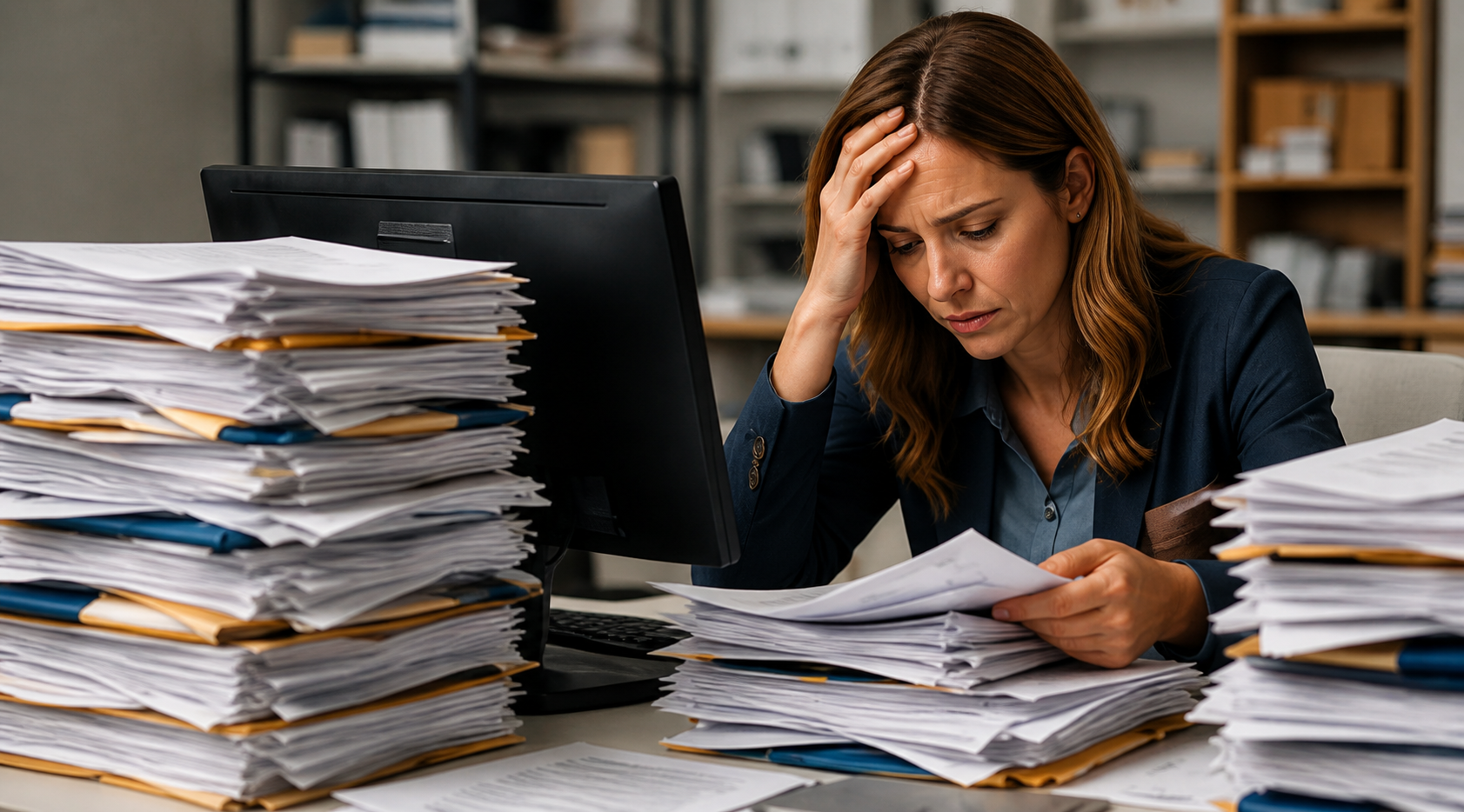 Professional managing a heavy administrative paperwork workload