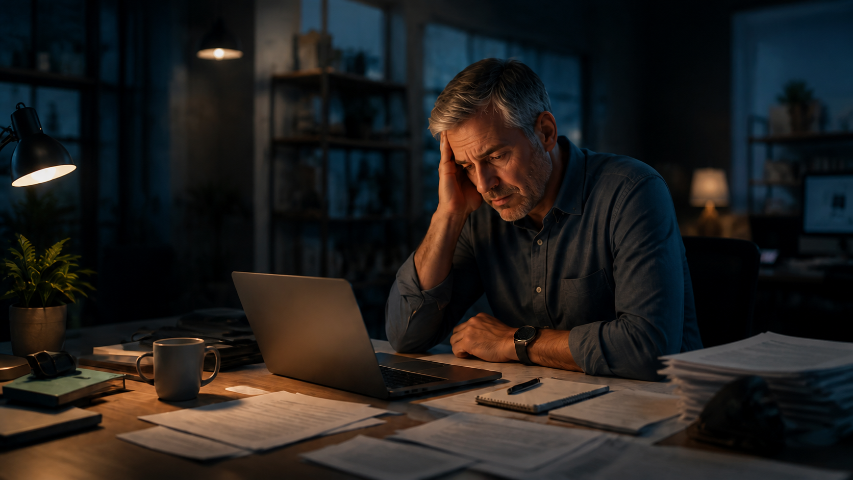 Business owner managing a demanding workload late in the office