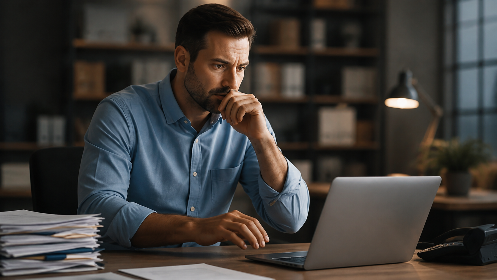 Business owner reviewing sales inquiries at a laptop